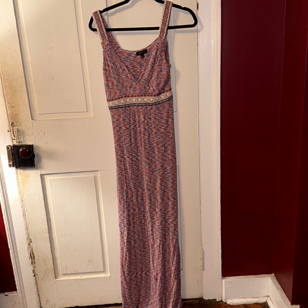 Tribal lace detail multicolor patterned V neck maxi dress